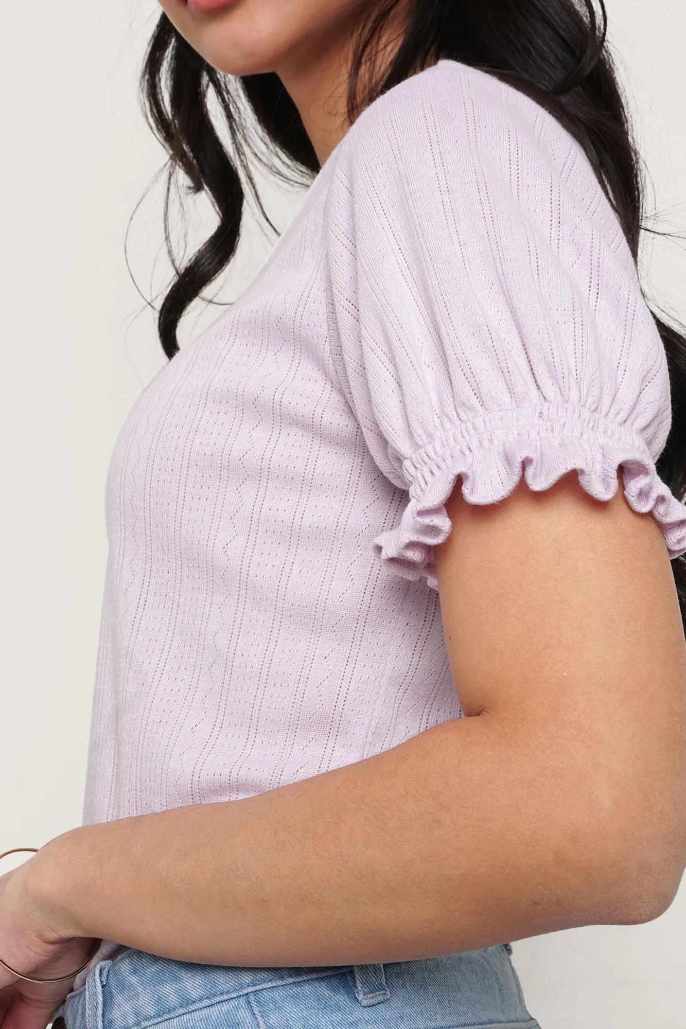 Openwork V-Neck Puff Sleeve Tee