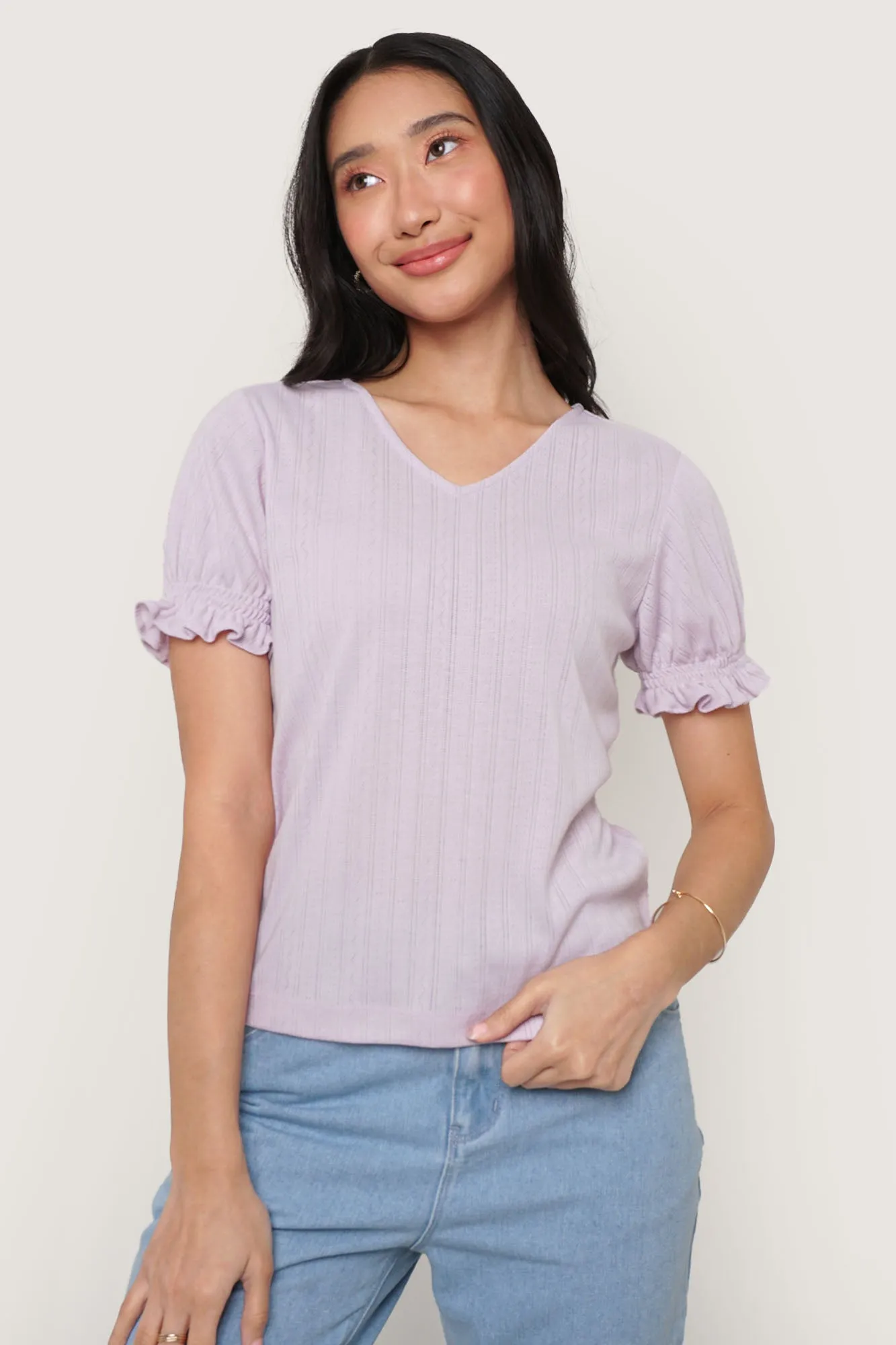 Openwork V-Neck Puff Sleeve Tee