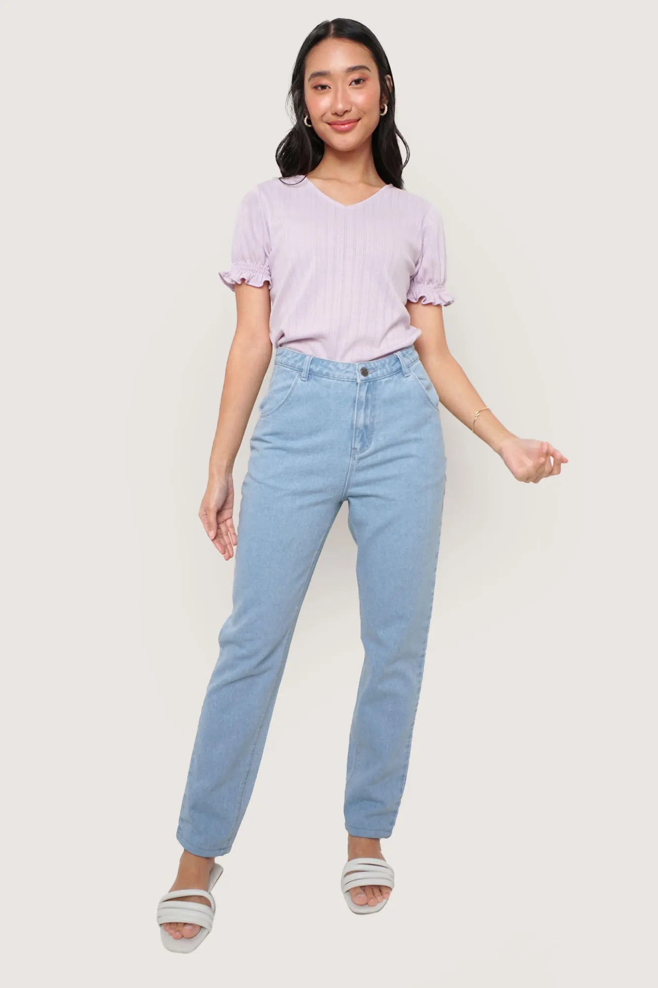 Openwork V-Neck Puff Sleeve Tee