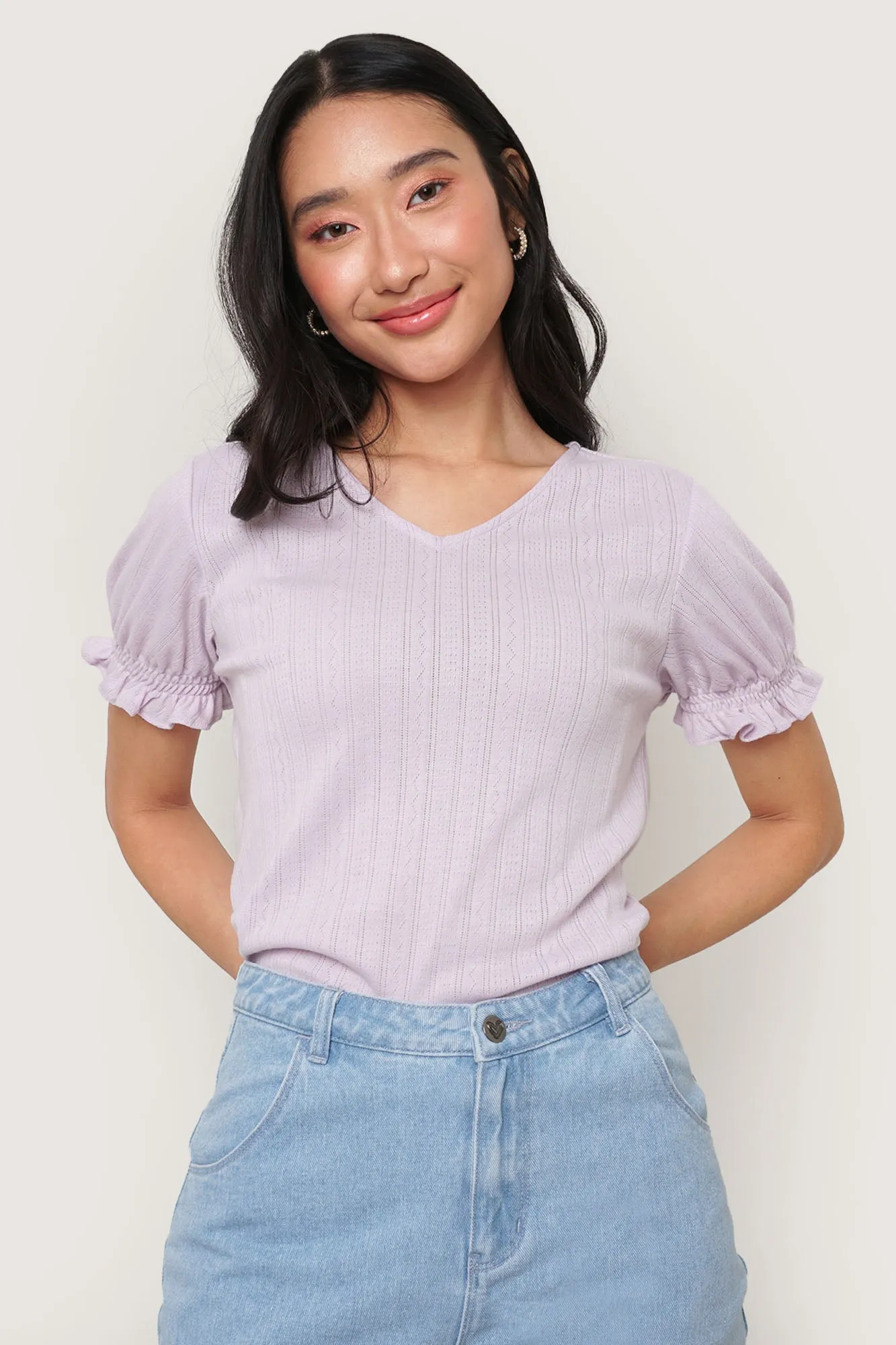 Openwork V-Neck Puff Sleeve Tee