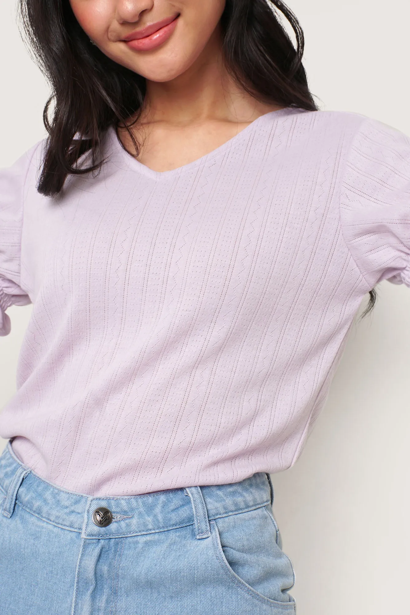 Openwork V-Neck Puff Sleeve Tee