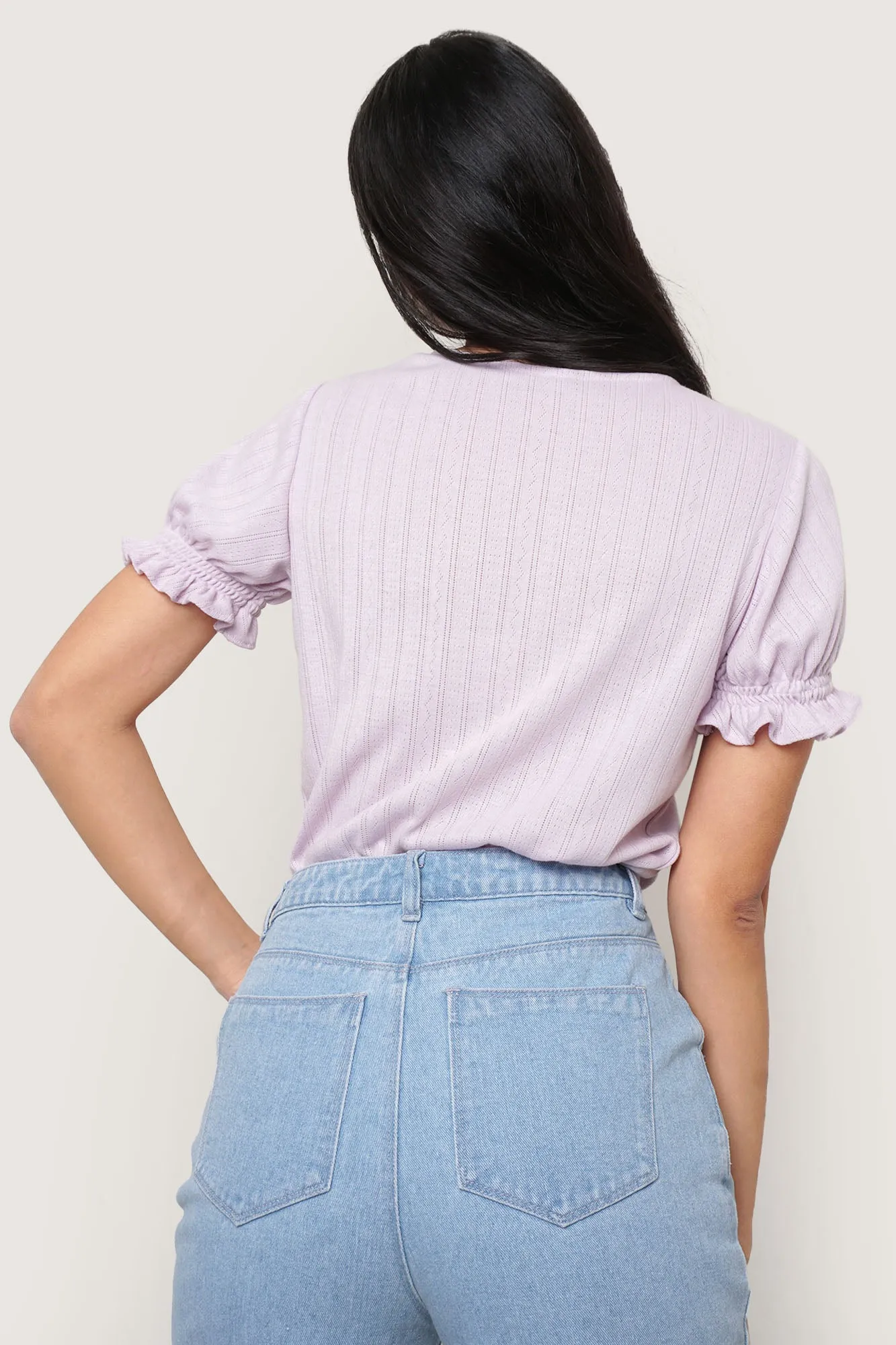 Openwork V-Neck Puff Sleeve Tee