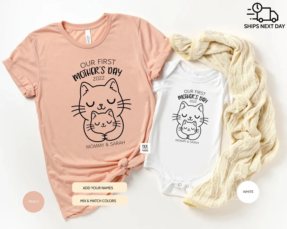 Our first Mother's day personalized matching Mommy and Me t-shirts - Mother's Day and New Mom Gift, Cat Mom Baby Kitten tees, Mother's Day Cat Outfit