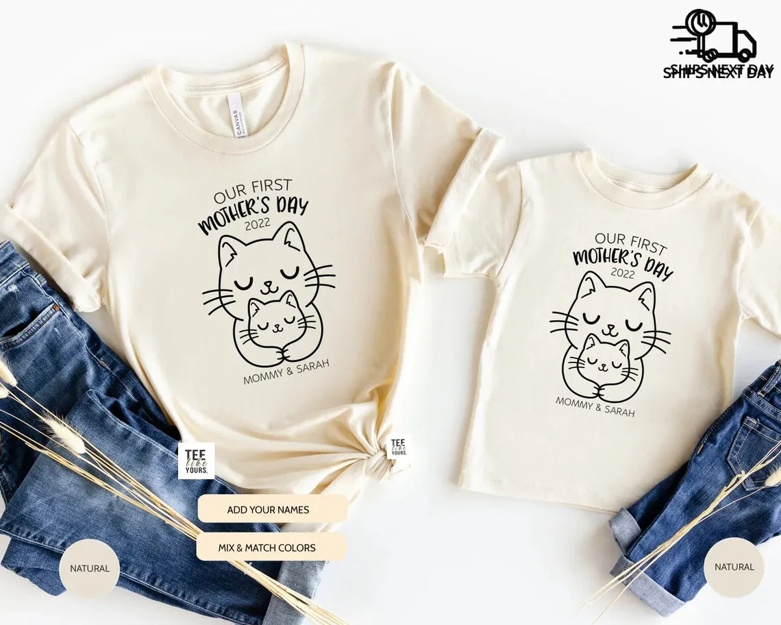 Our first Mother's day personalized matching Mommy and Me t-shirts - Mother's Day and New Mom Gift, Cat Mom Baby Kitten tees, Mother's Day Cat Outfit