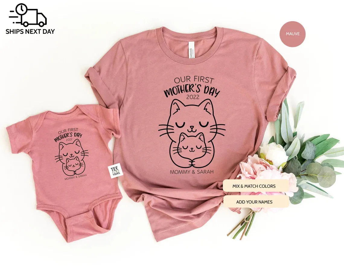 Our first Mother's day personalized matching Mommy and Me t-shirts - Mother's Day and New Mom Gift, Cat Mom Baby Kitten tees, Mother's Day Cat Outfit