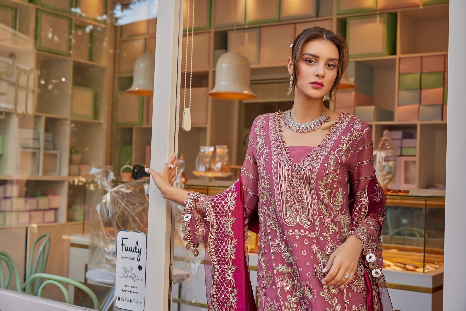 Pakistani Chiffon Dress in Wedding Kameez Trouser Style