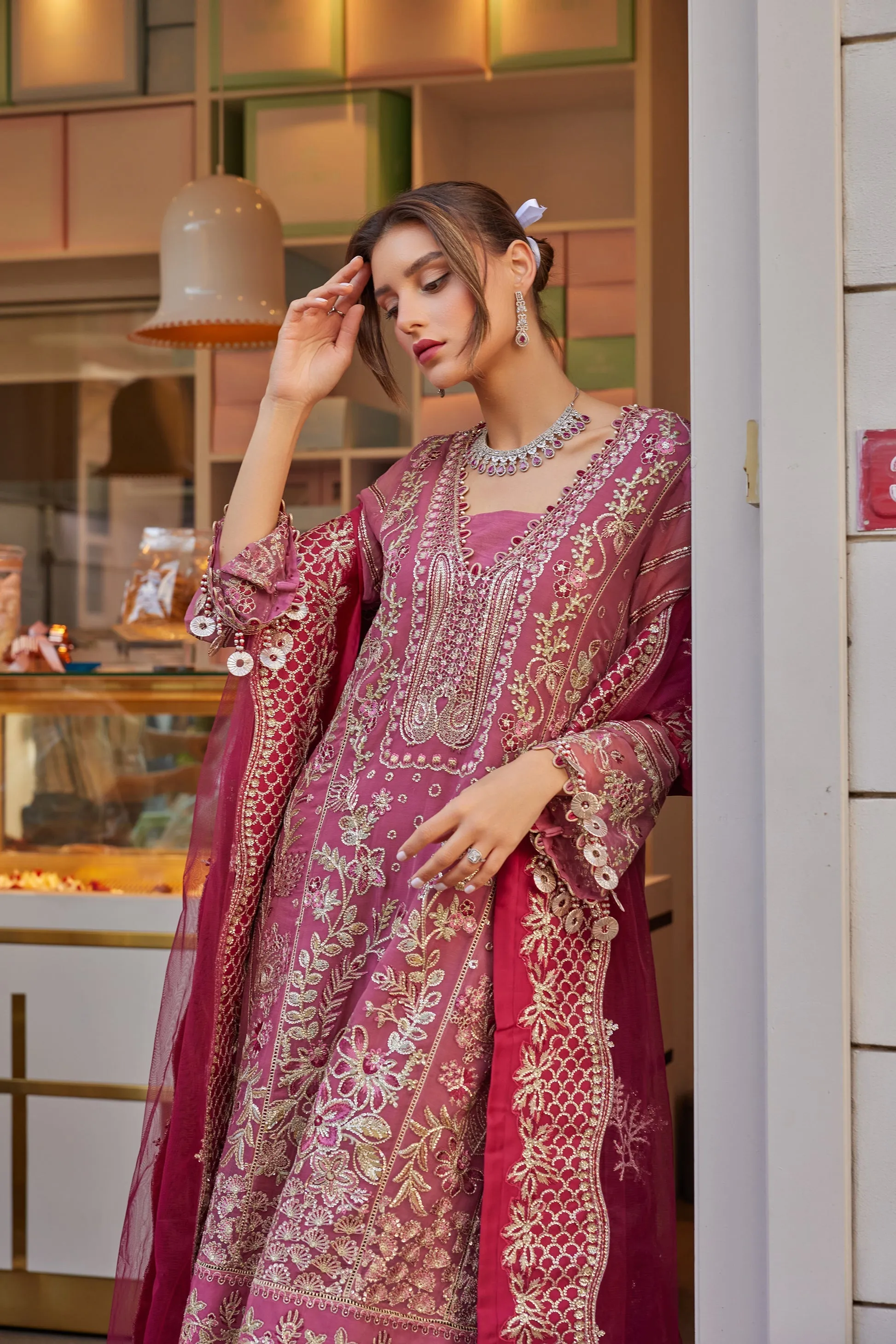 Pakistani Chiffon Dress in Wedding Kameez Trouser Style