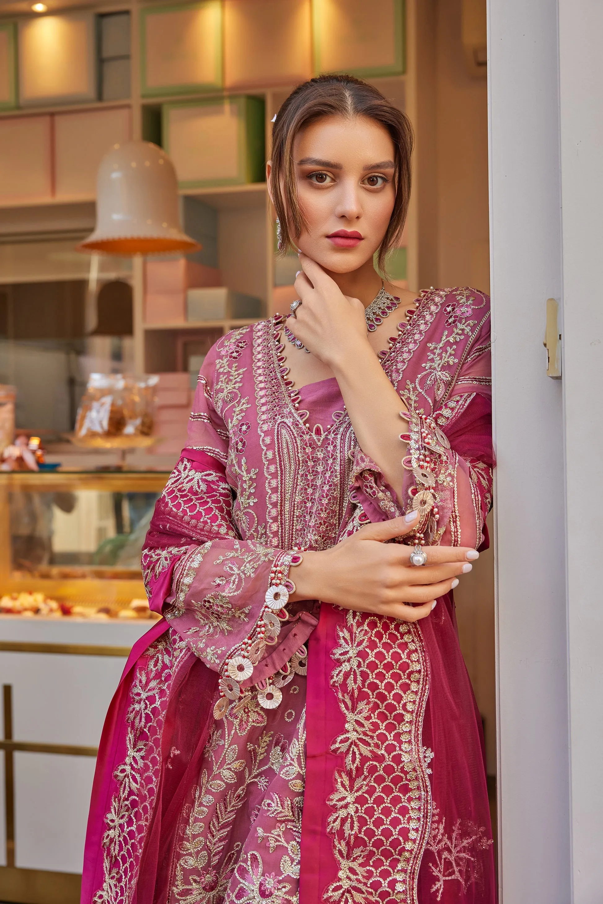 Pakistani Chiffon Dress in Wedding Kameez Trouser Style