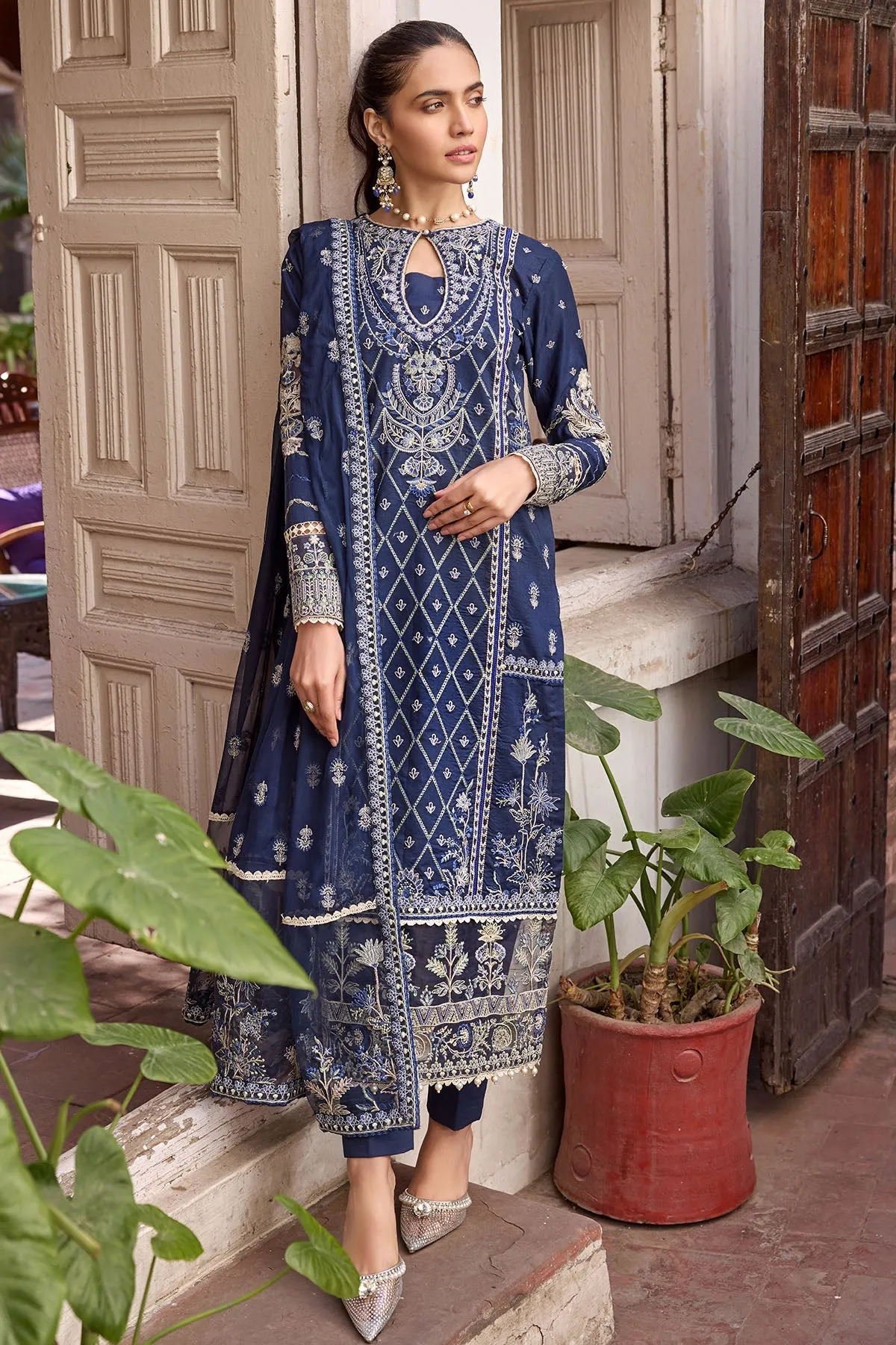 Pakistani Eid Dress in Blue Embroidered Long Kameez Trousers