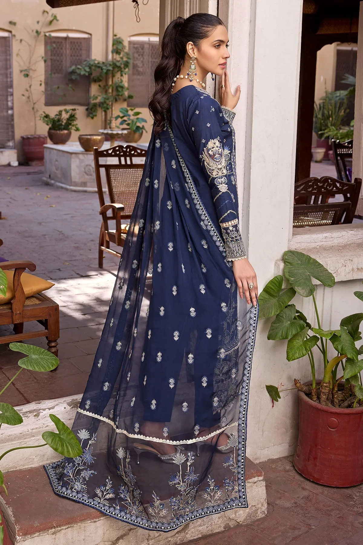 Pakistani Eid Dress in Blue Embroidered Long Kameez Trousers
