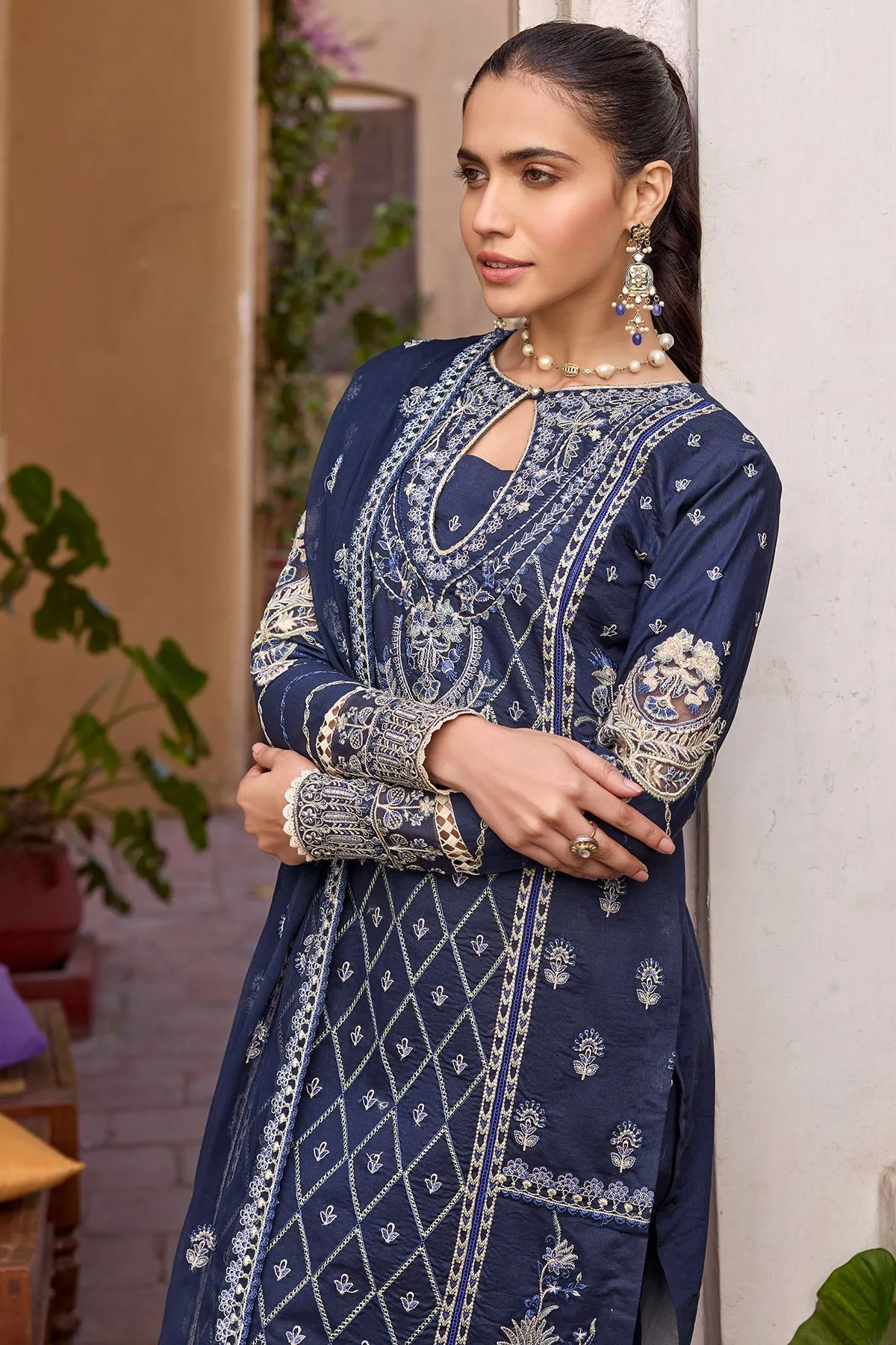 Pakistani Eid Dress in Blue Embroidered Long Kameez Trousers