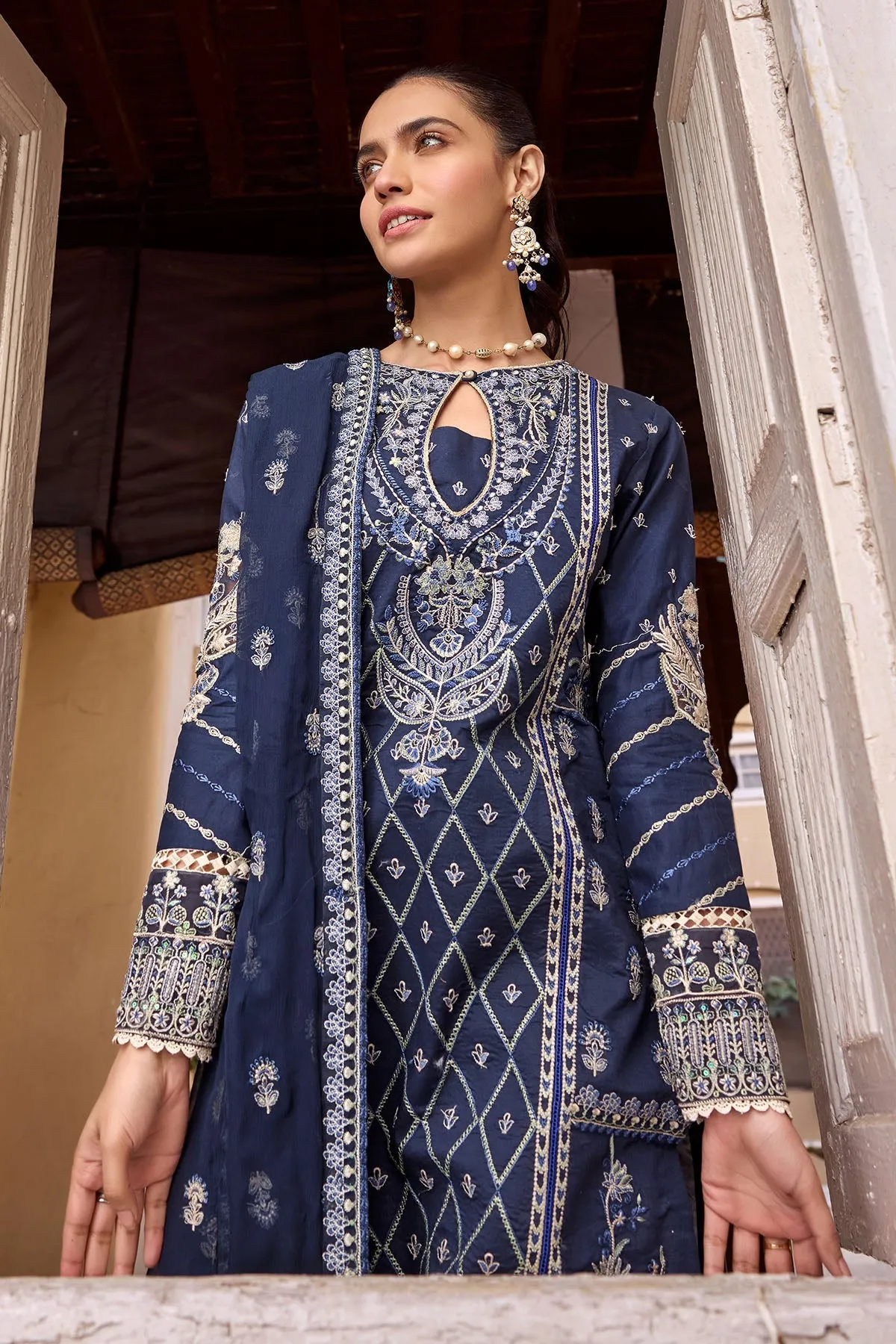 Pakistani Eid Dress in Blue Embroidered Long Kameez Trousers
