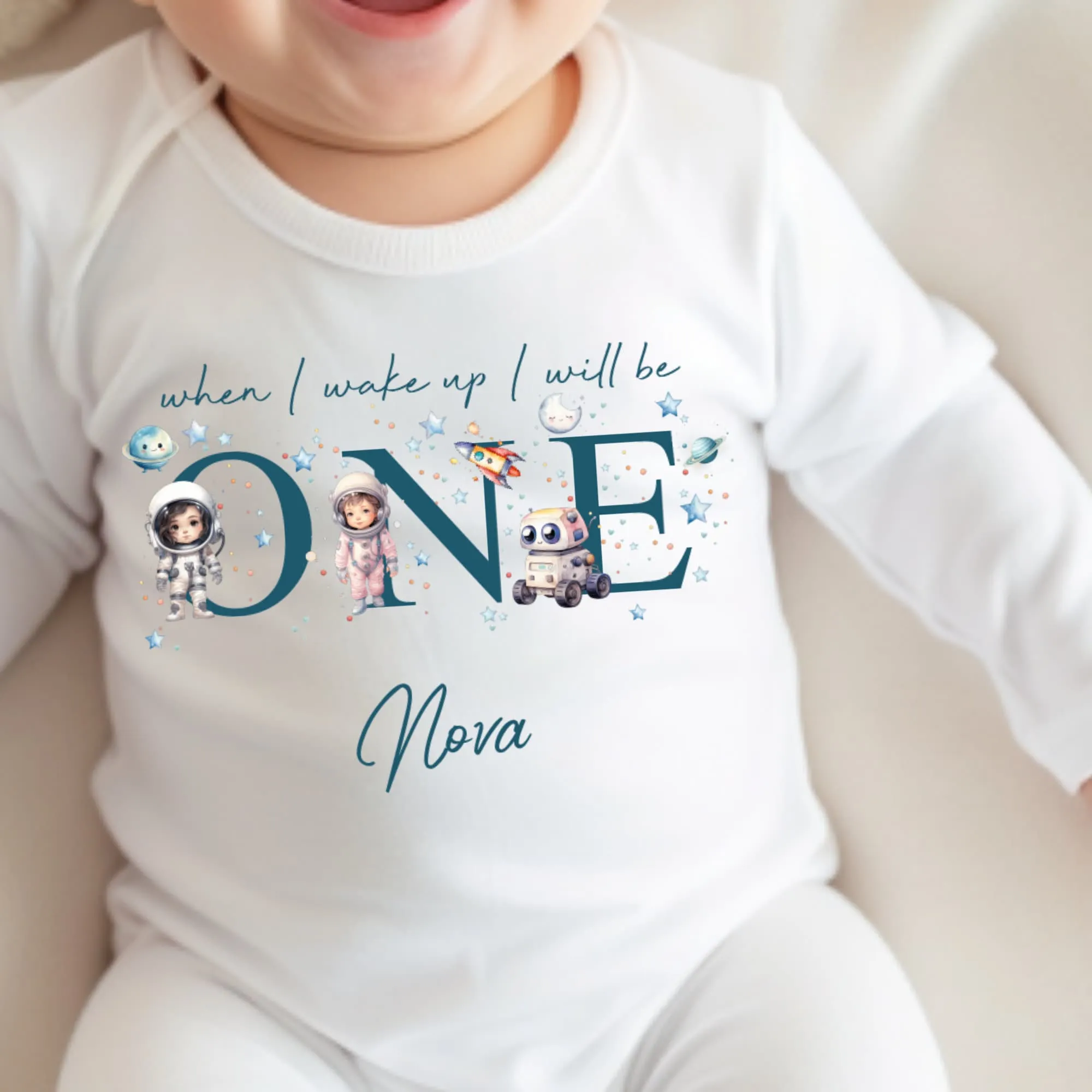 Personalised Astronaut Birthday sleepsuit, Girls Space vest, When I wake up I’ll be One Gift, 1st Birthday, My First Birthday Stars Romper