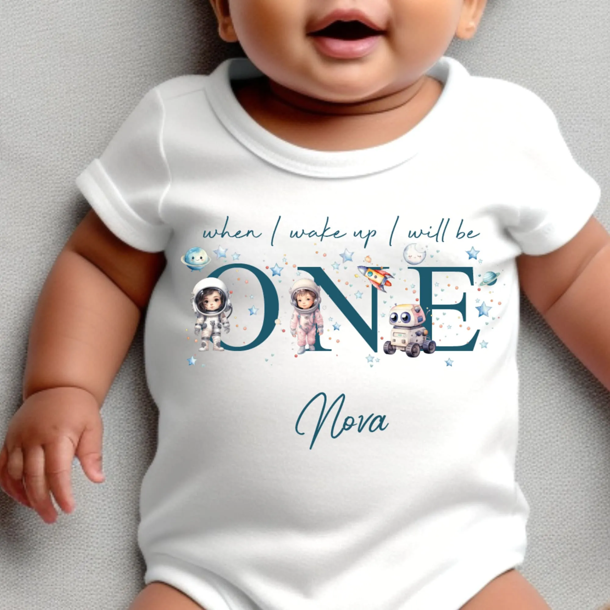 Personalised Astronaut Birthday sleepsuit, Girls Space vest, When I wake up I’ll be One Gift, 1st Birthday, My First Birthday Stars Romper