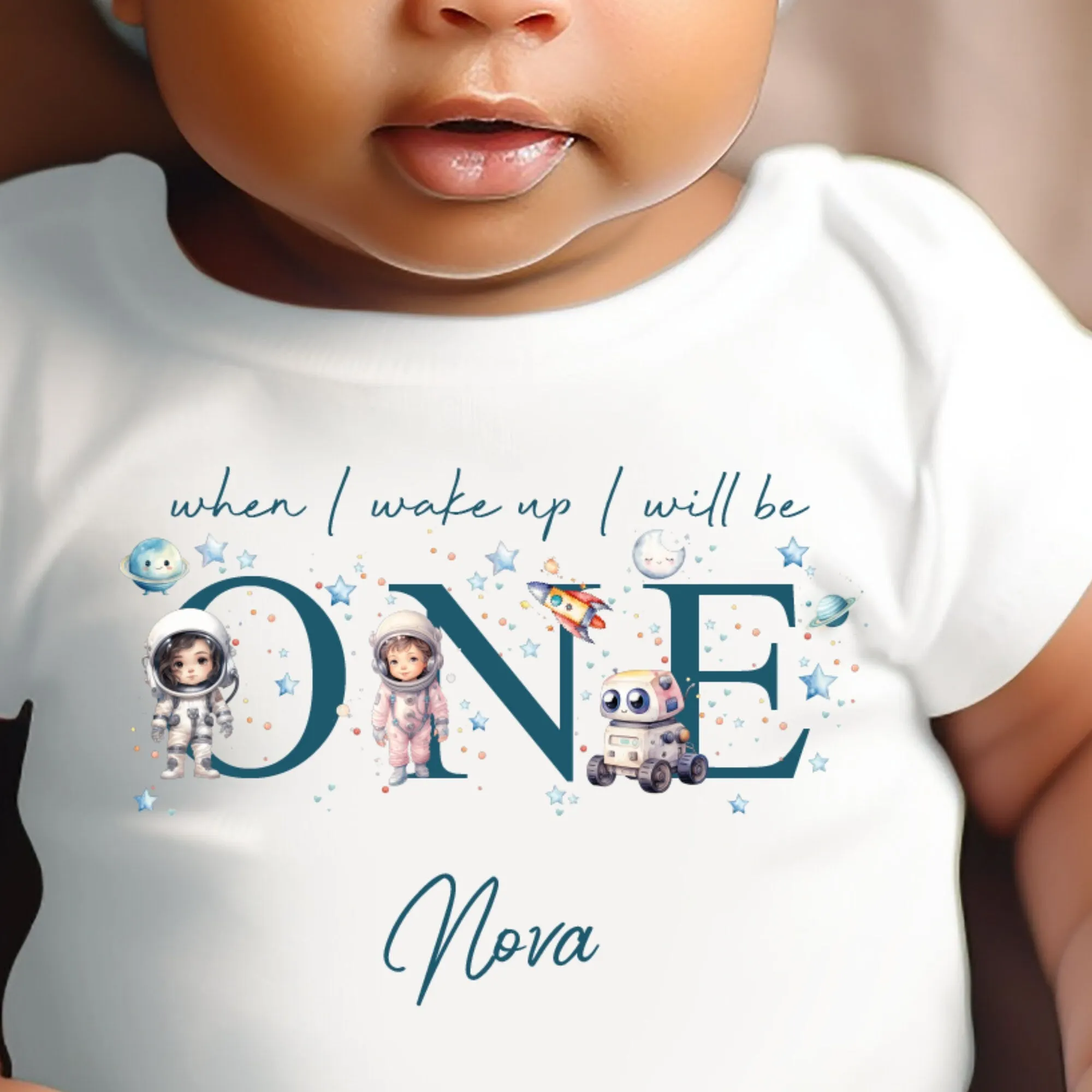 Personalised Astronaut Birthday sleepsuit, Girls Space vest, When I wake up I’ll be One Gift, 1st Birthday, My First Birthday Stars Romper