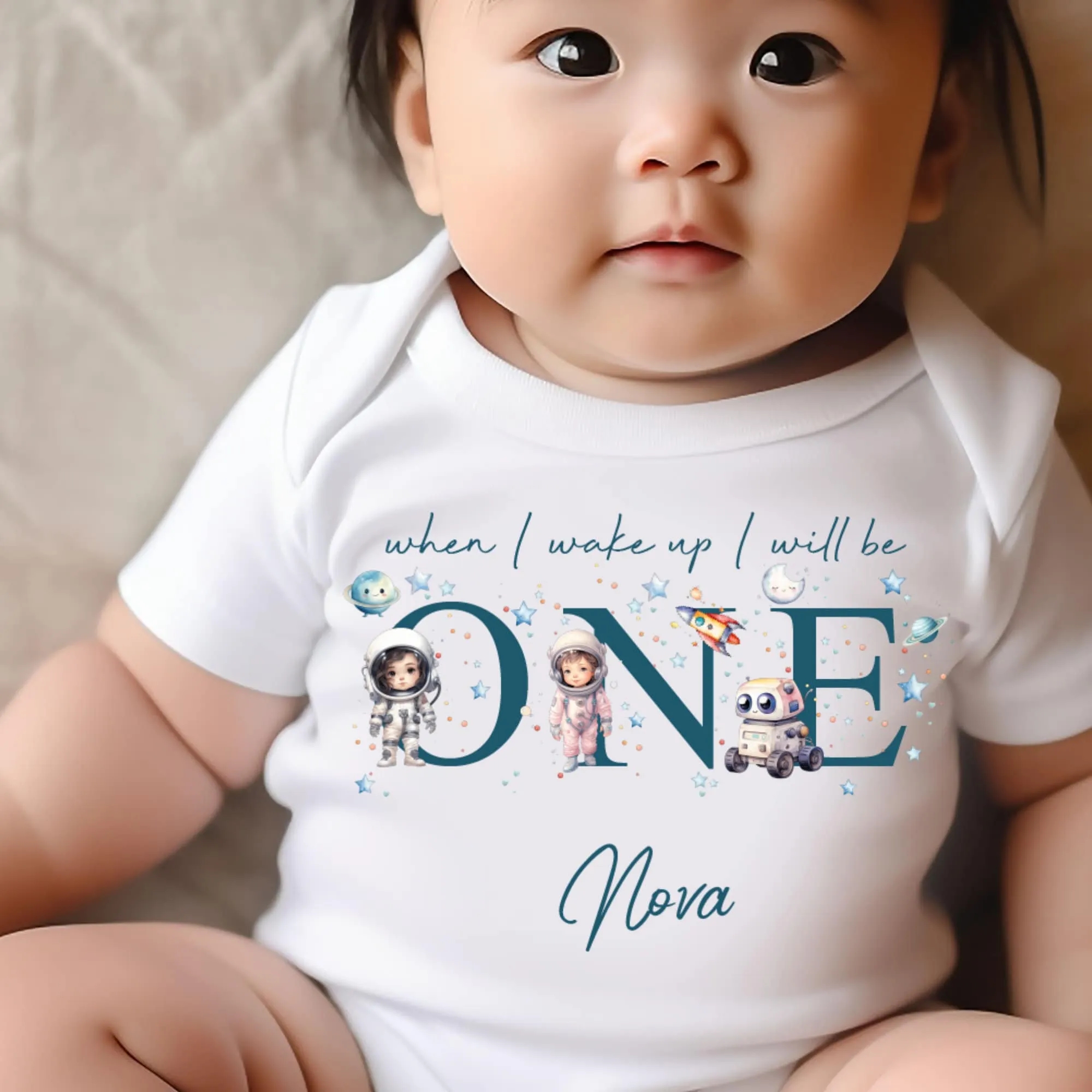 Personalised Astronaut Birthday sleepsuit, Girls Space vest, When I wake up I’ll be One Gift, 1st Birthday, My First Birthday Stars Romper