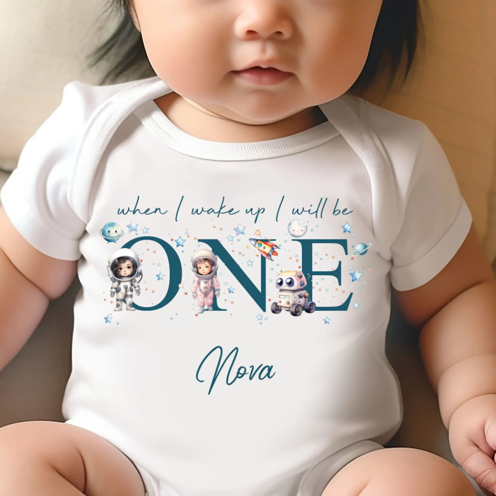 Personalised Astronaut Birthday sleepsuit, Girls Space vest, When I wake up I’ll be One Gift, 1st Birthday, My First Birthday Stars Romper