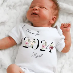 Personalised Born in 2024 Baby Vest, Peony Floral Baby Sleepsuit, Personalised Baby Romper, New Baby Gift, Baby Girl Boy, Baby Announcement