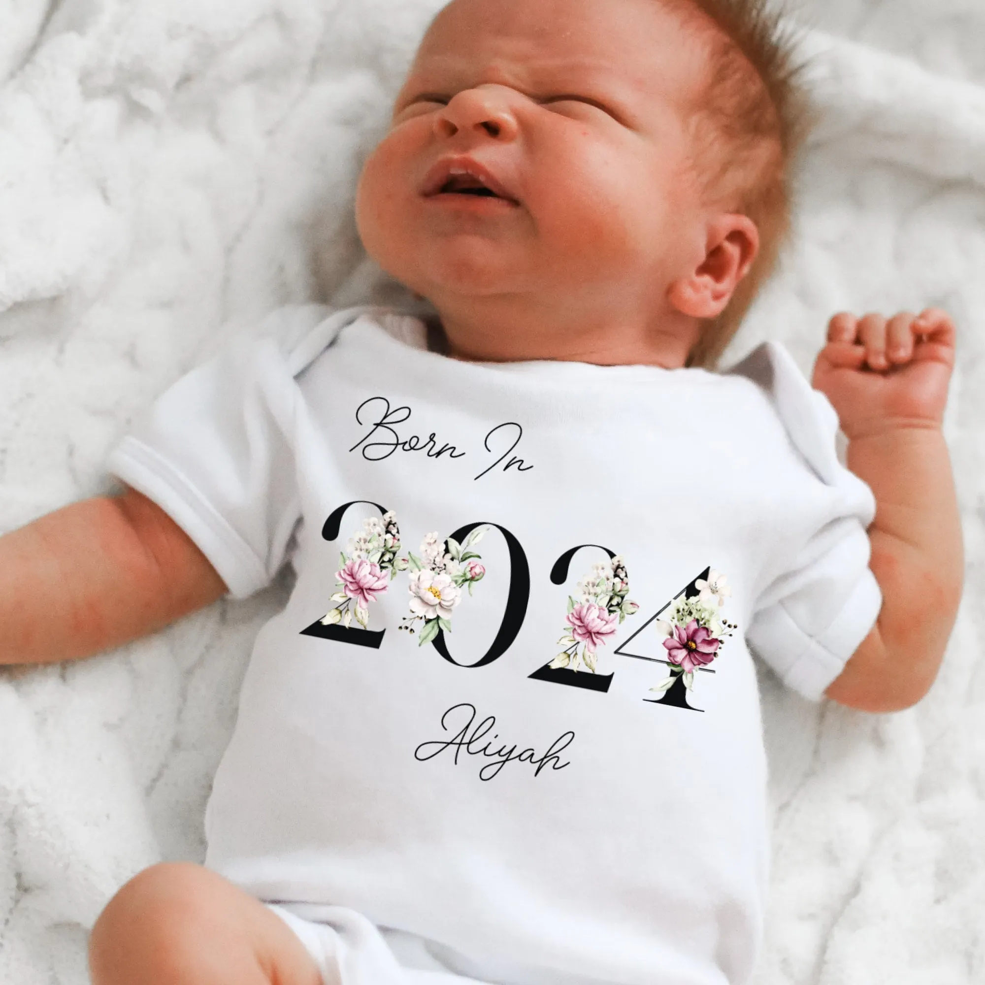 Personalised Born in 2024 Baby Vest, Peony Floral Baby Sleepsuit, Personalised Baby Romper, New Baby Gift, Baby Girl Boy, Baby Announcement