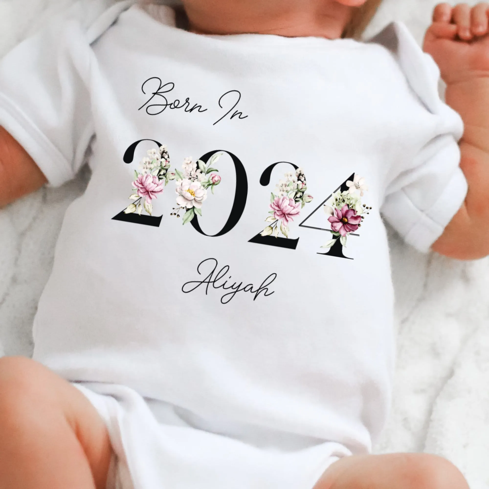 Personalised Born in 2024 Baby Vest, Peony Floral Baby Sleepsuit, Personalised Baby Romper, New Baby Gift, Baby Girl Boy, Baby Announcement