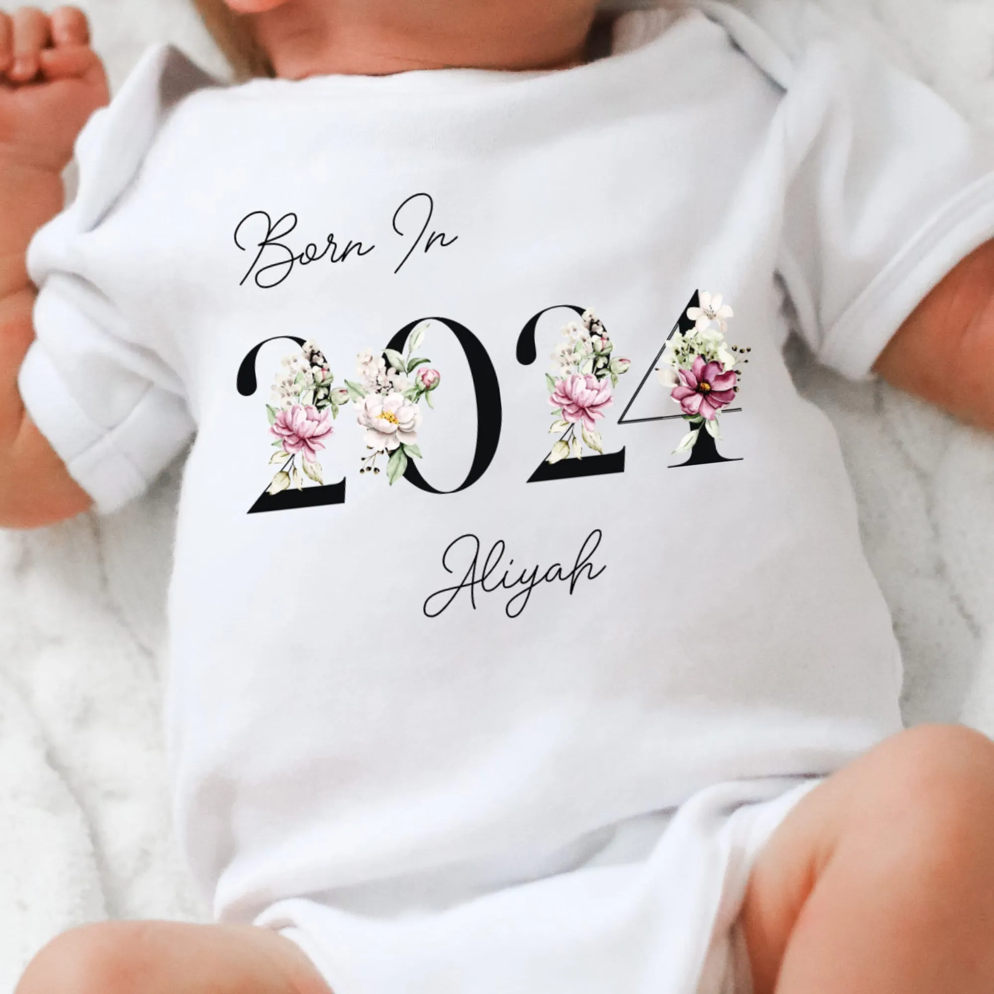 Personalised Born in 2024 Baby Vest, Peony Floral Baby Sleepsuit, Personalised Baby Romper, New Baby Gift, Baby Girl Boy, Baby Announcement