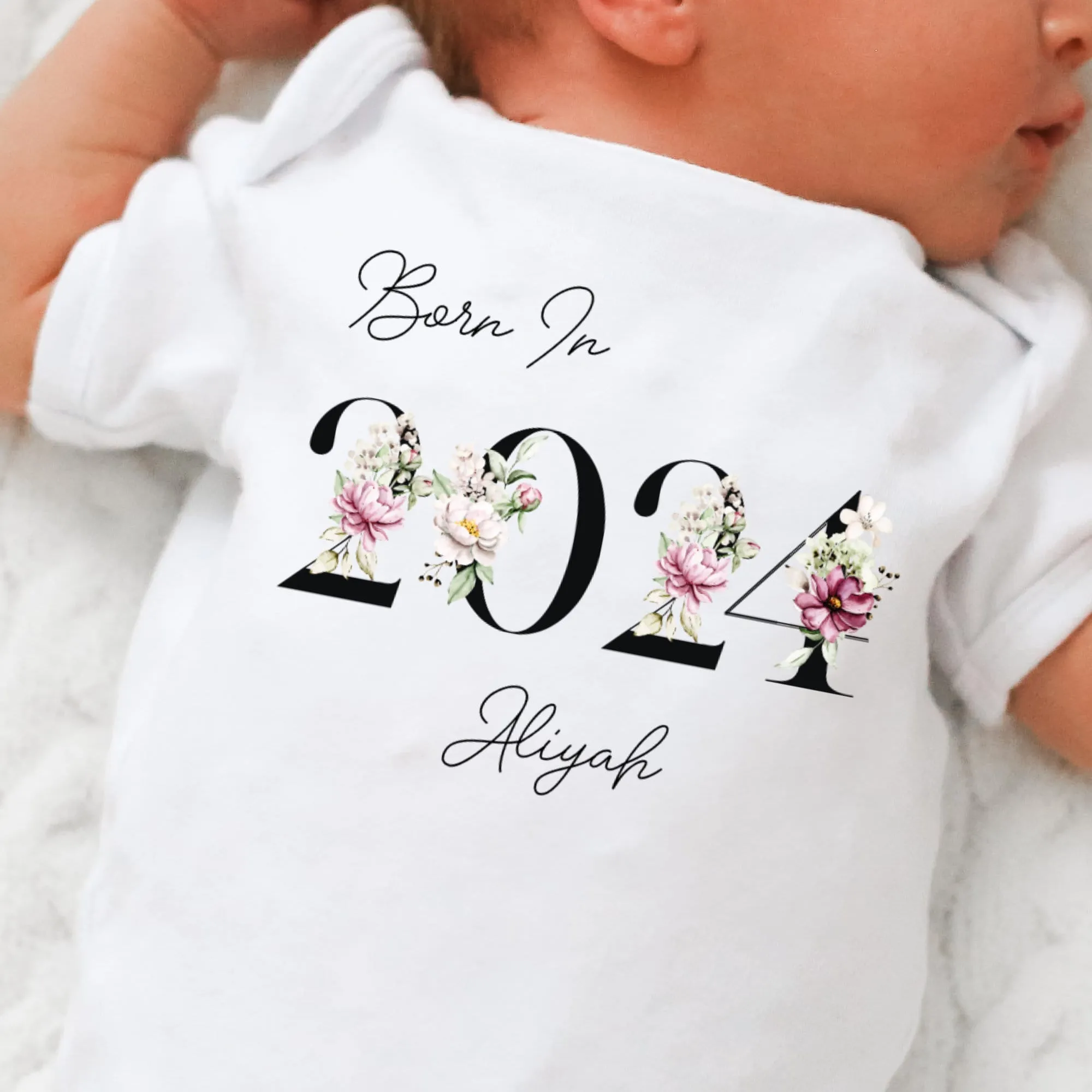 Personalised Born in 2024 Baby Vest, Peony Floral Baby Sleepsuit, Personalised Baby Romper, New Baby Gift, Baby Girl Boy, Baby Announcement