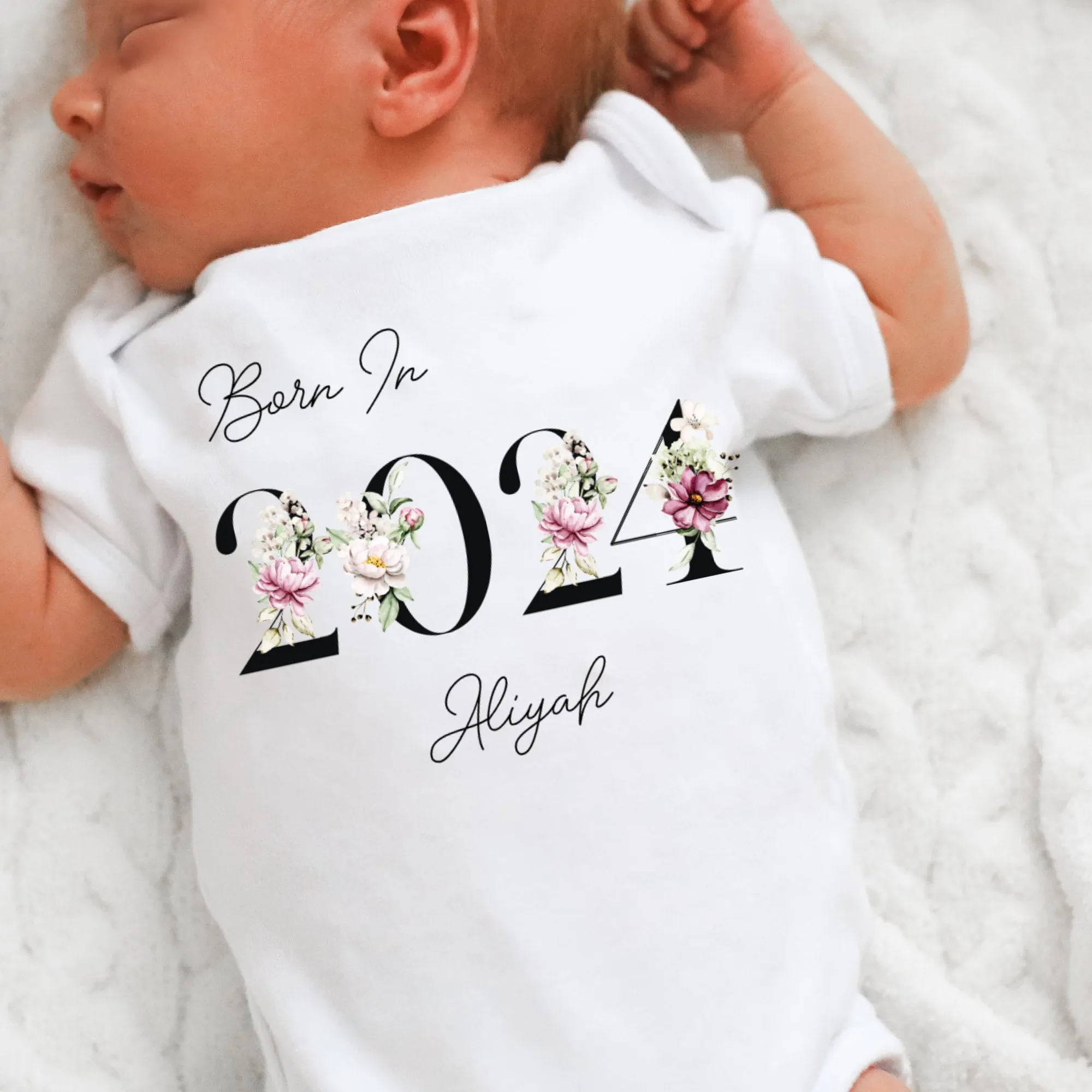 Personalised Born in 2024 Baby Vest, Peony Floral Baby Sleepsuit, Personalised Baby Romper, New Baby Gift, Baby Girl Boy, Baby Announcement