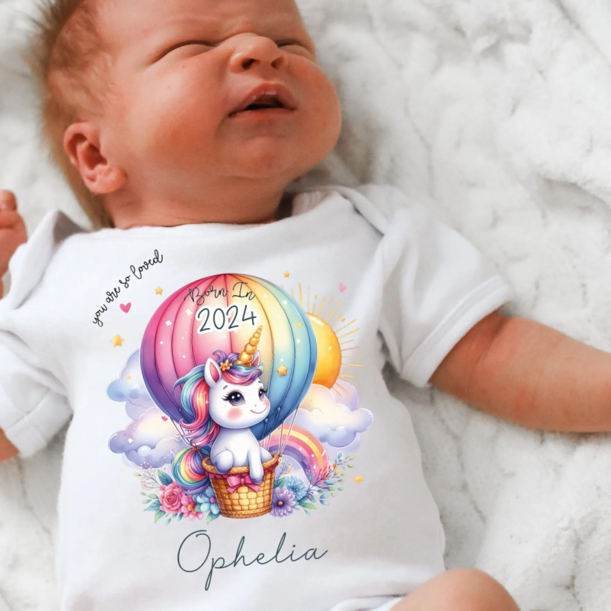 Personalised Born in 2024 Baby Vest, Rainbow Unicorn Baby Sleepsuit, Personalised Baby Outfit, New Baby Gift, Baby Arrival Announcement Vest