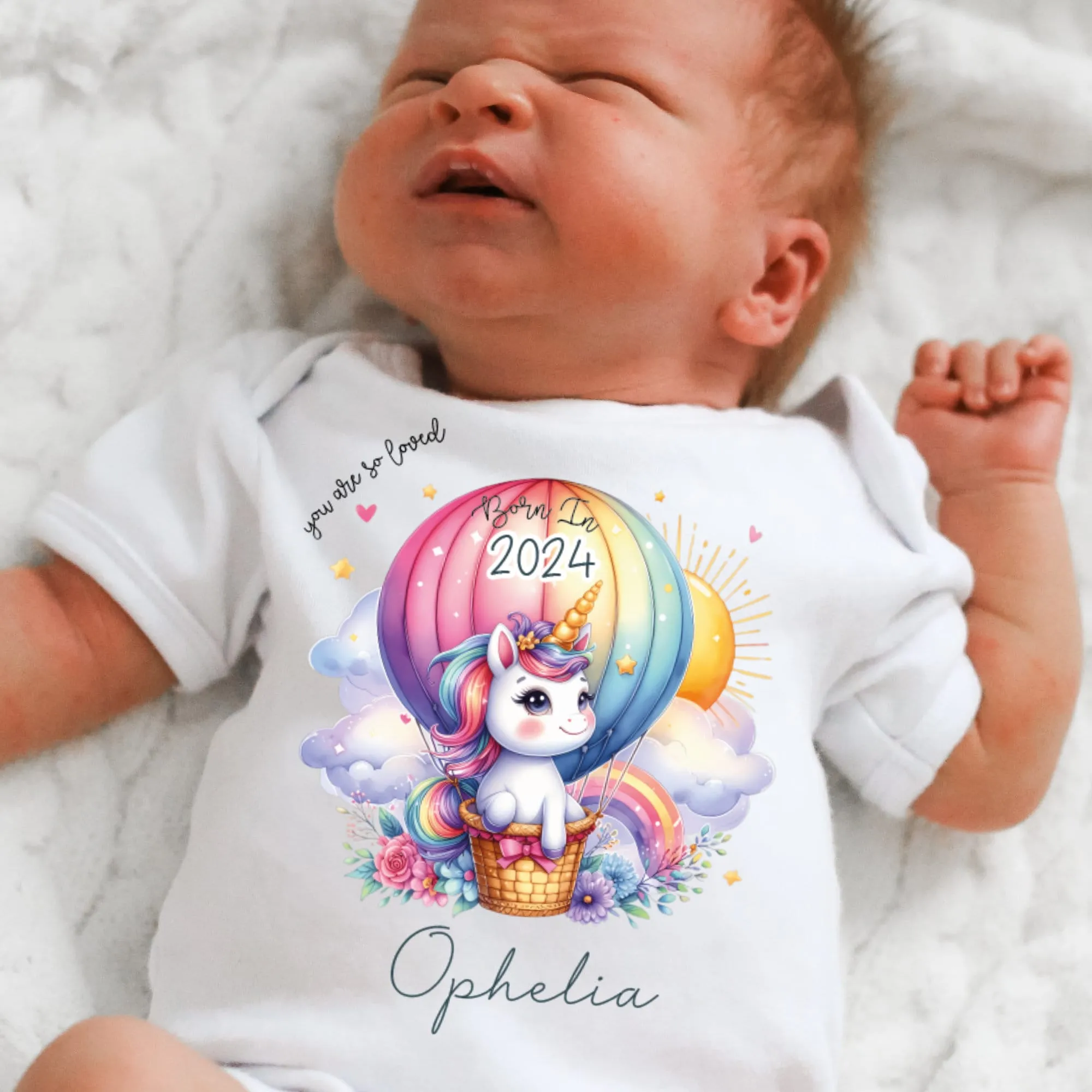Personalised Born in 2024 Baby Vest, Rainbow Unicorn Baby Sleepsuit, Personalised Baby Outfit, New Baby Gift, Baby Arrival Announcement Vest
