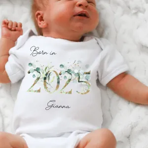Personalised Born in 2025 Baby Vest, Eucalyptus Floral Baby Sleepsuit, Personalised Baby Vest, New Baby Gift, Baby Girl, Baby Announcement