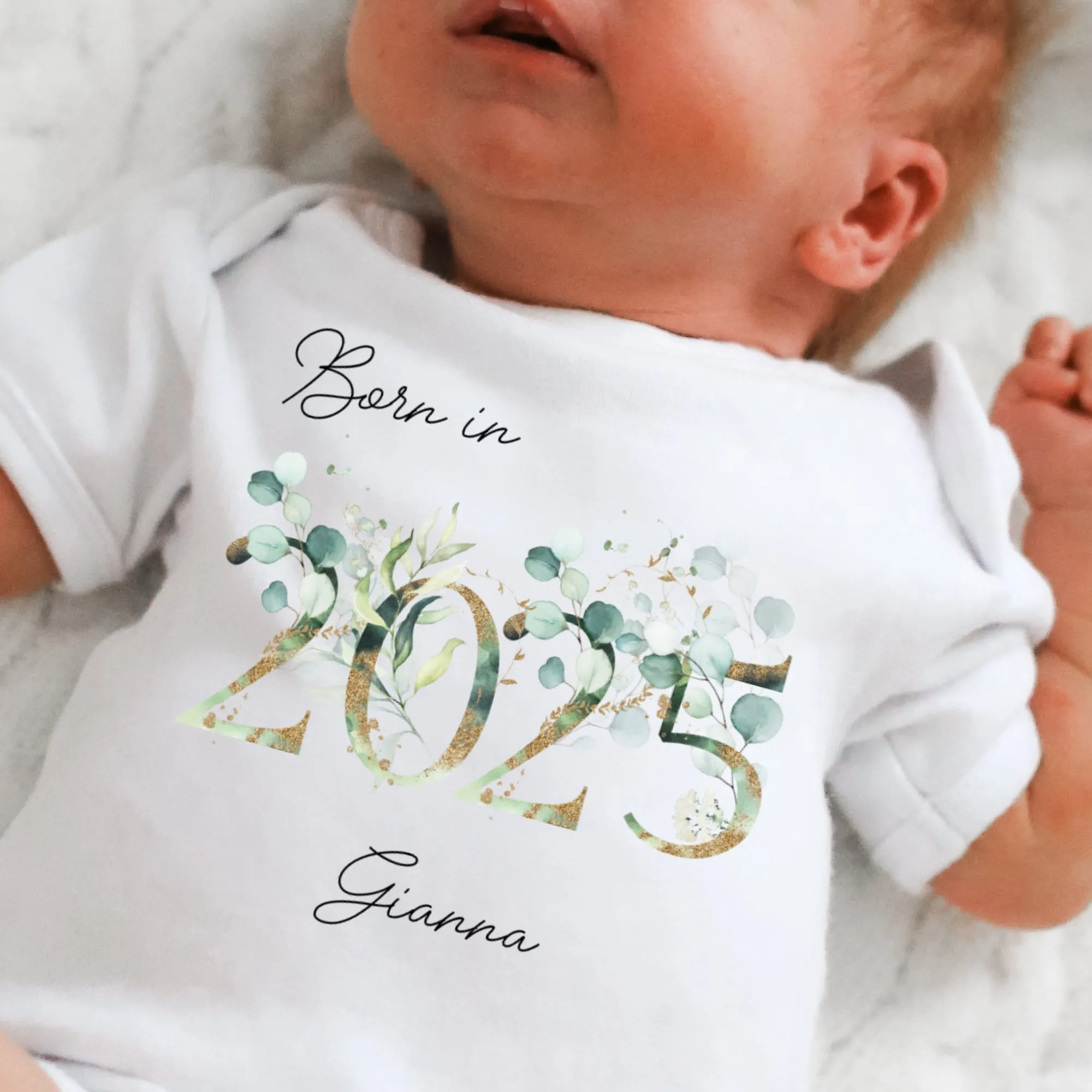 Personalised Born in 2025 Baby Vest, Eucalyptus Floral Baby Sleepsuit, Personalised Baby Vest, New Baby Gift, Baby Girl, Baby Announcement