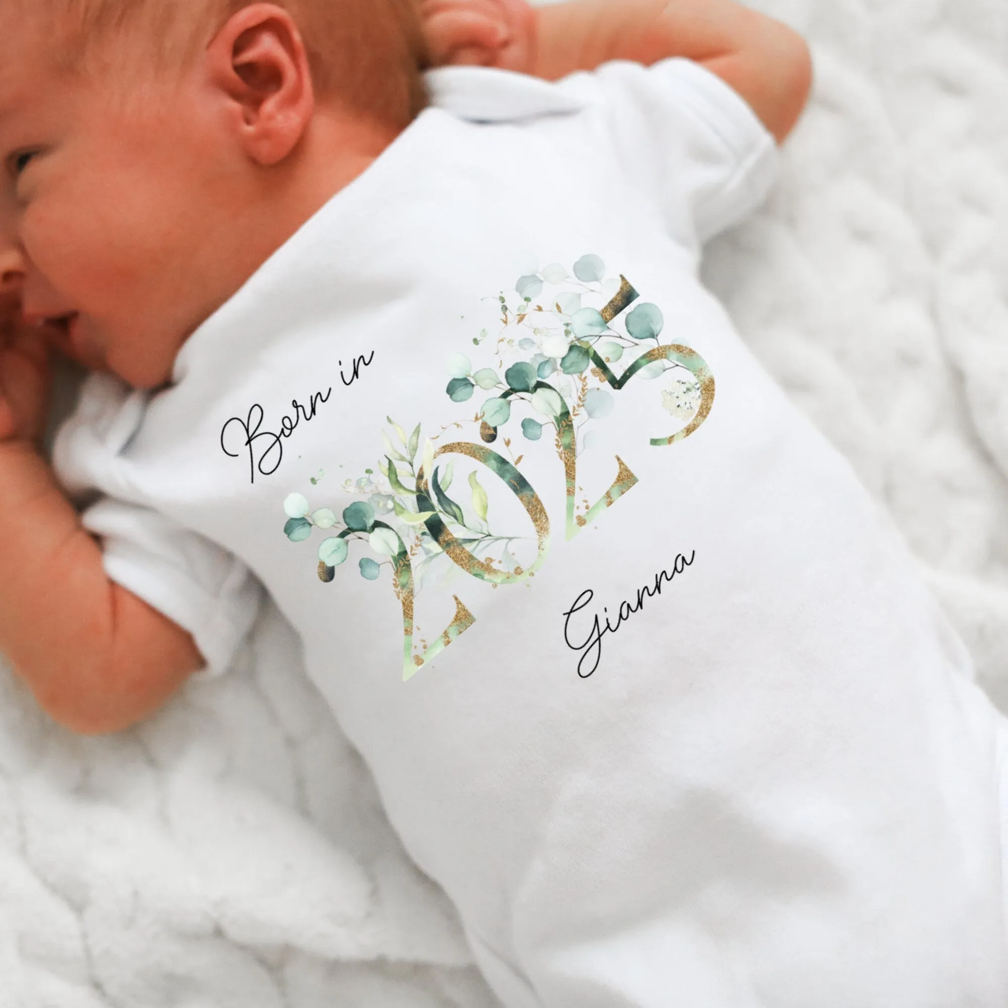 Personalised Born in 2025 Baby Vest, Eucalyptus Floral Baby Sleepsuit, Personalised Baby Vest, New Baby Gift, Baby Girl, Baby Announcement