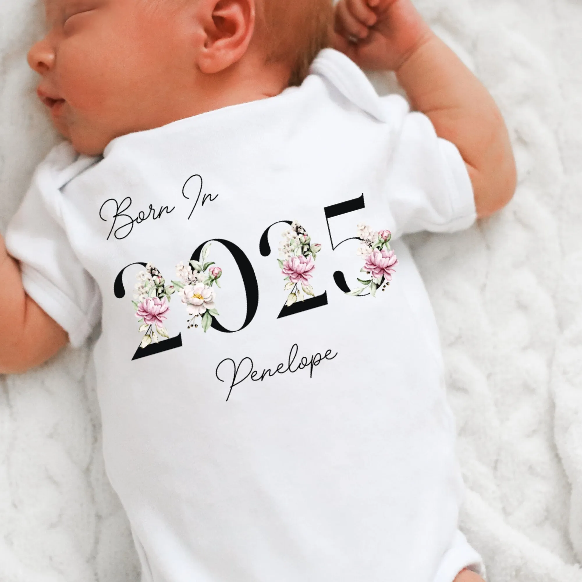 Personalised Born in 2025 Baby Vest, Floral Baby Sleepsuit, Personalised Flower Baby Vest, New Baby Gift, Baby Girl, Baby Announcement Vest