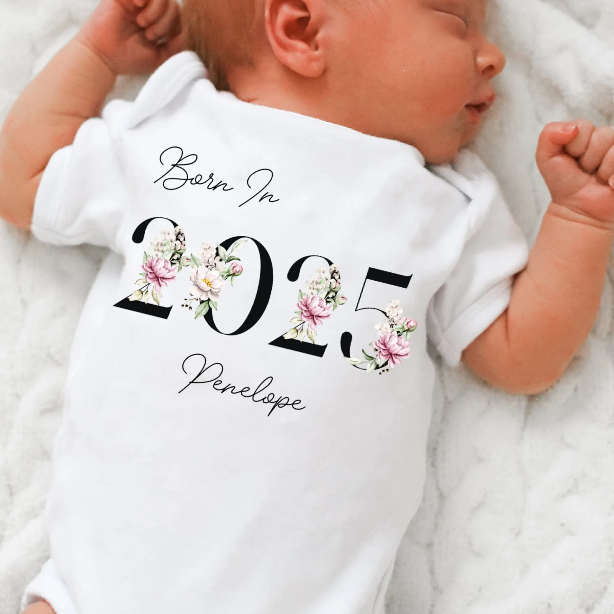 Personalised Born in 2025 Baby Vest, Floral Baby Sleepsuit, Personalised Flower Baby Vest, New Baby Gift, Baby Girl, Baby Announcement Vest