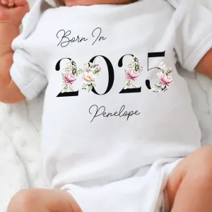 Personalised Born in 2025 Baby Vest, Floral Baby Sleepsuit, Personalised Flower Baby Vest, New Baby Gift, Baby Girl, Baby Announcement Vest