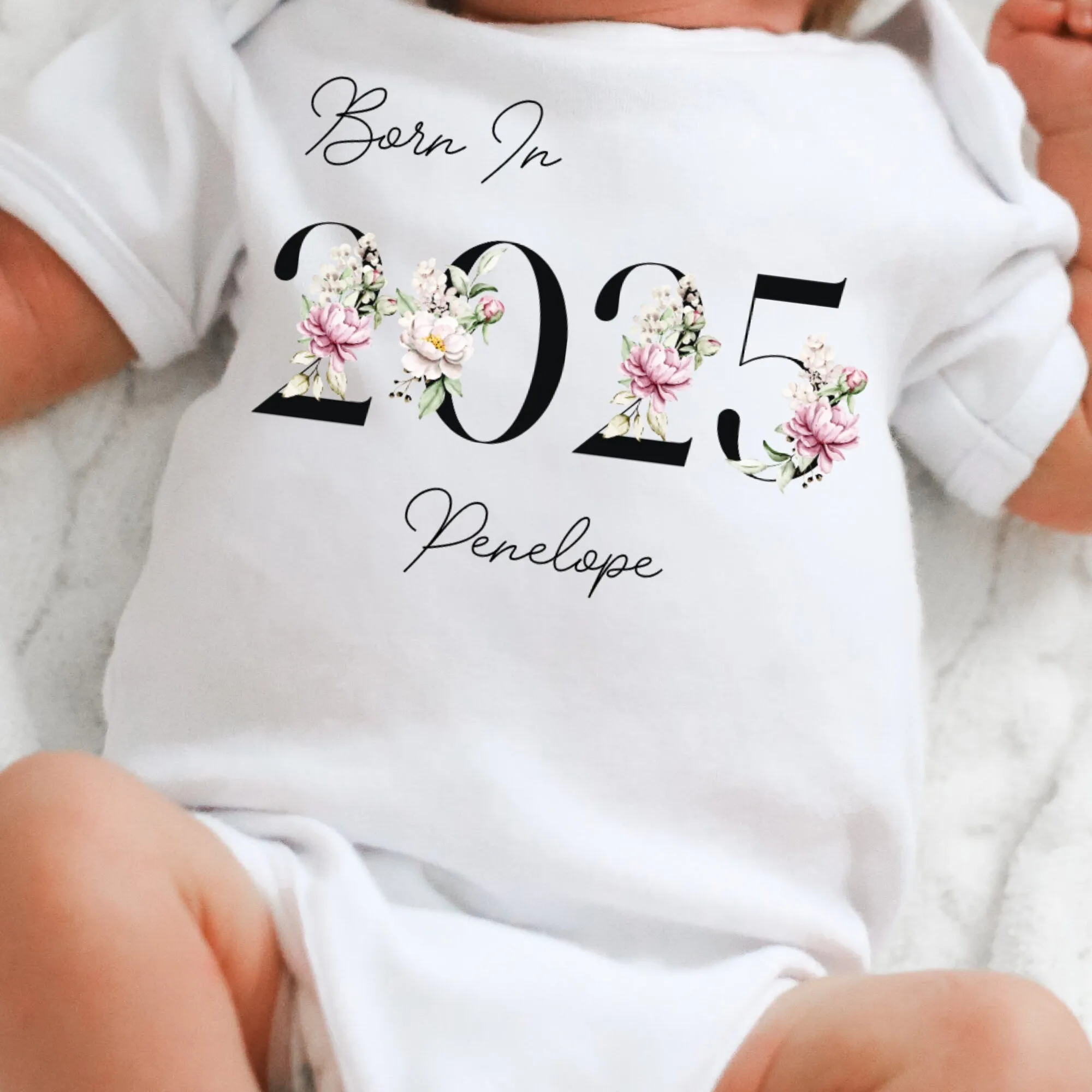 Personalised Born in 2025 Baby Vest, Floral Baby Sleepsuit, Personalised Flower Baby Vest, New Baby Gift, Baby Girl, Baby Announcement Vest