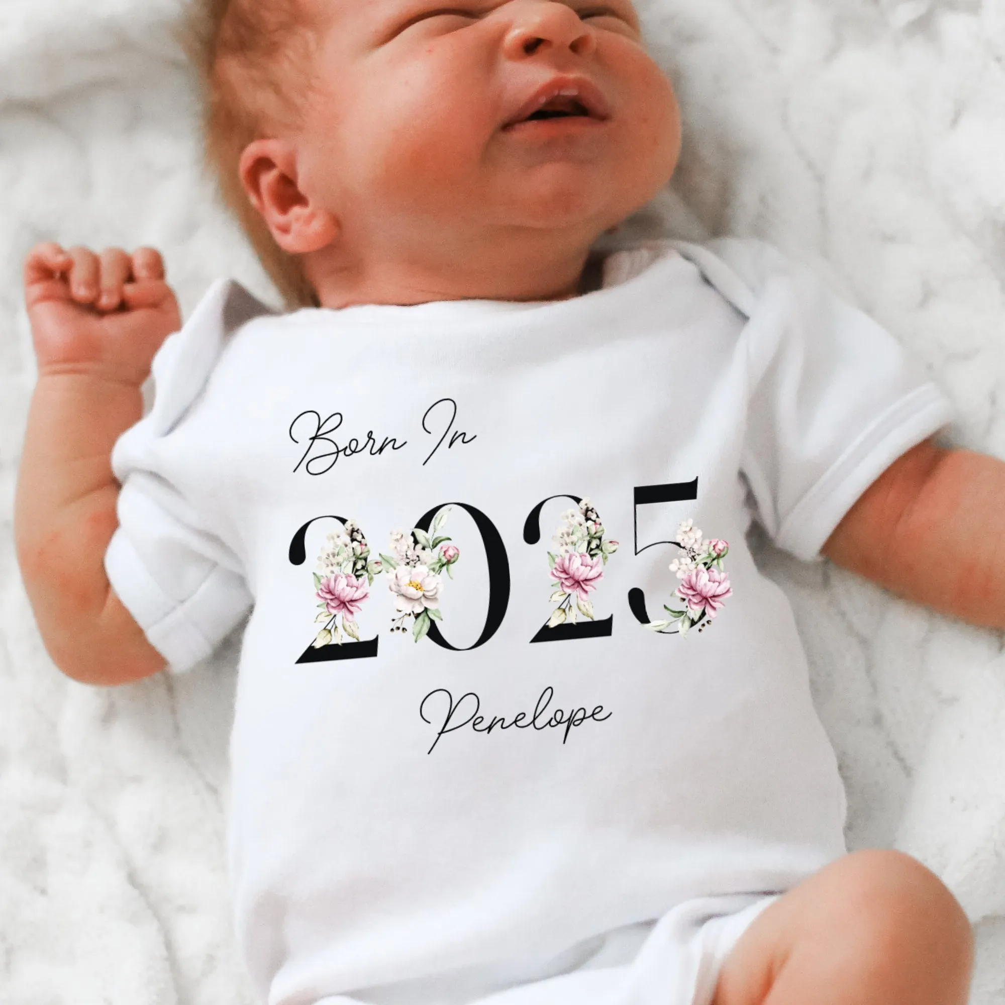 Personalised Born in 2025 Baby Vest, Floral Baby Sleepsuit, Personalised Flower Baby Vest, New Baby Gift, Baby Girl, Baby Announcement Vest