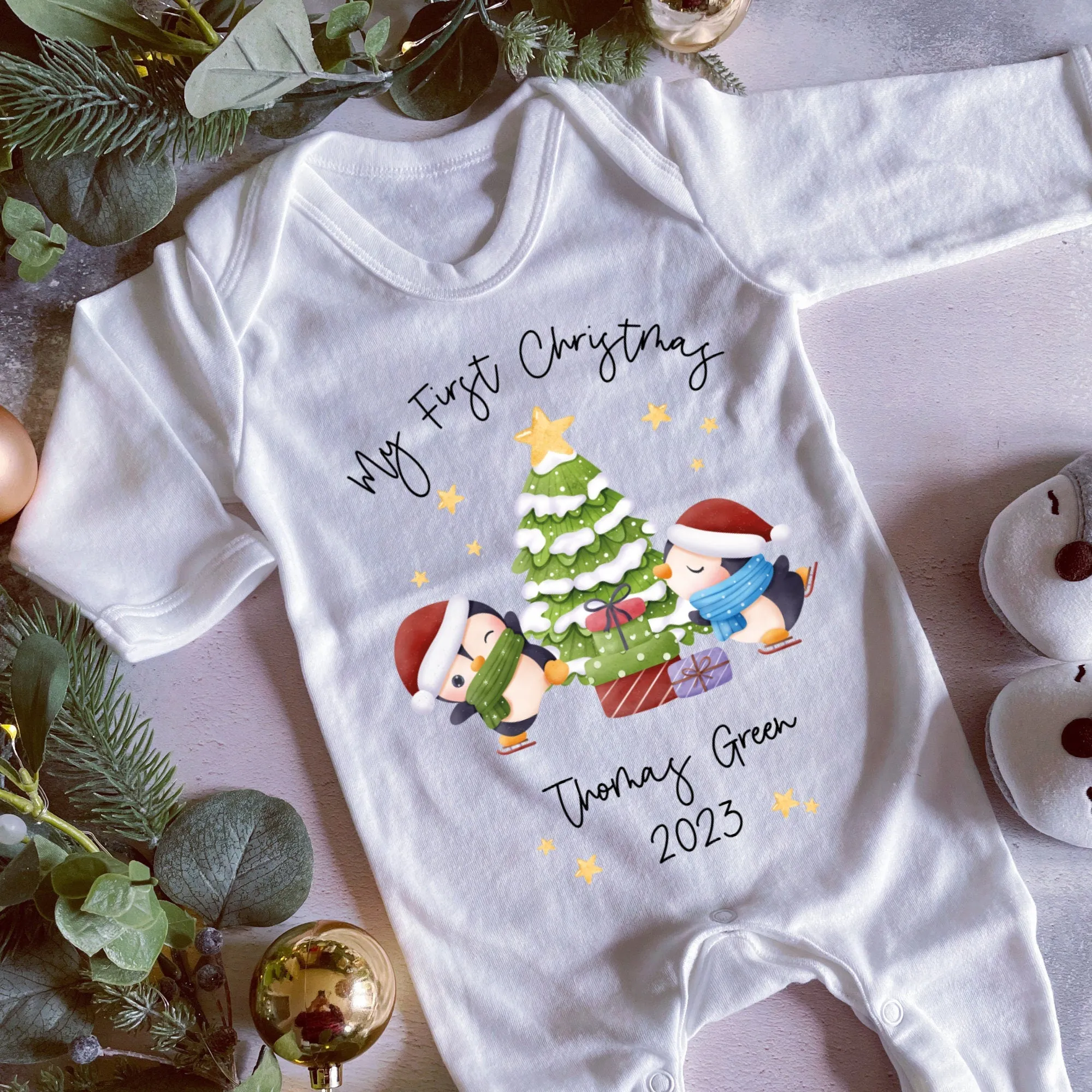 Personalised First Christmas Sleepsuit, 1st Xmas Baby Grow, Pyjamas, Babies 1st Xmas Gift Idea, Christmas Outfit for baby, Penguin Pjs Vest