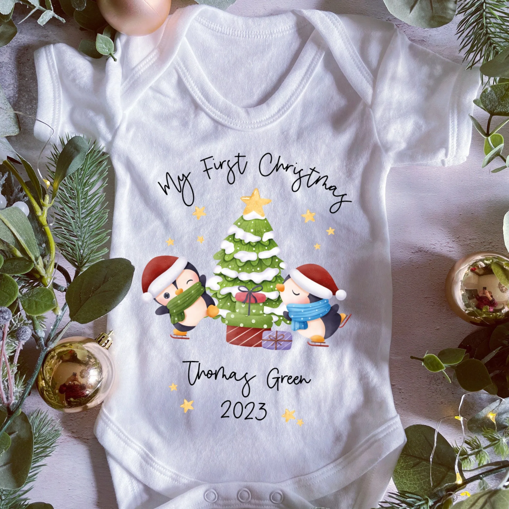 Personalised First Christmas Sleepsuit, 1st Xmas Baby Grow, Pyjamas, Babies 1st Xmas Gift Idea, Christmas Outfit for baby, Penguin Pjs Vest