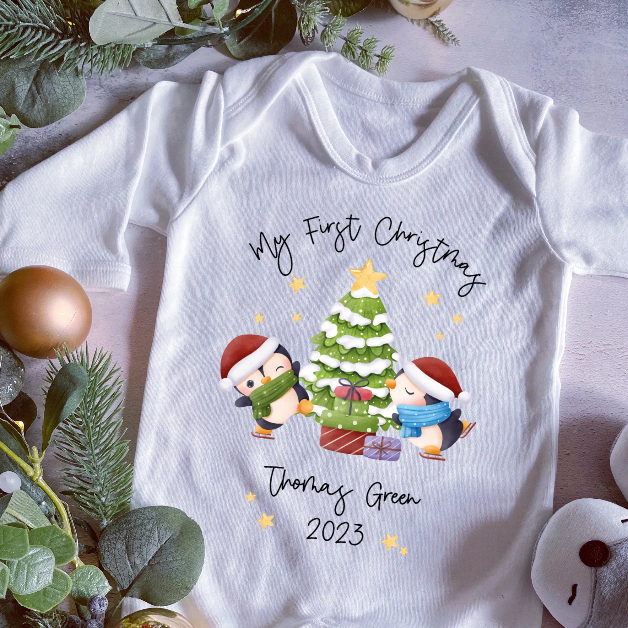 Personalised First Christmas Sleepsuit, 1st Xmas Baby Grow, Pyjamas, Babies 1st Xmas Gift Idea, Christmas Outfit for baby, Penguin Pjs Vest