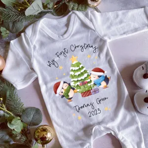 Personalised First Christmas Sleepsuit, 1st Xmas Baby Grow, Pyjamas, Babies 1st Xmas Gift Idea, Christmas Outfit for baby, Penguin Pjs Vest