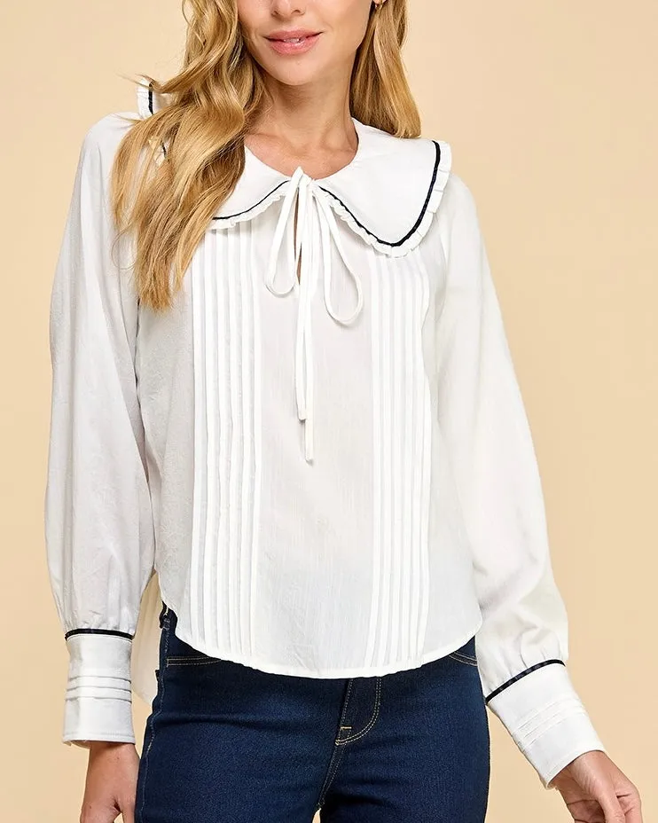 Peter Pan Collar Pleated Detail Blouse with Contrast Piping in White