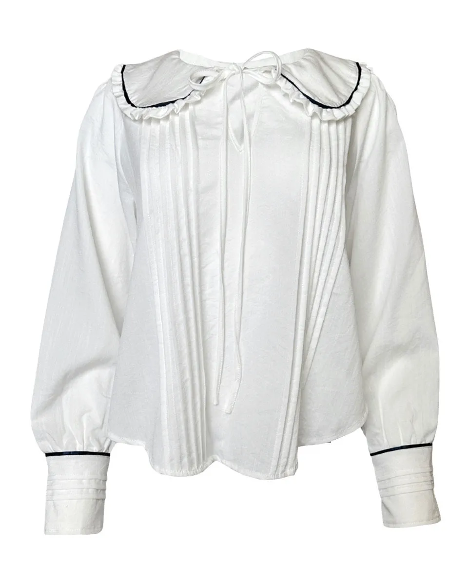 Peter Pan Collar Pleated Detail Blouse with Contrast Piping in White