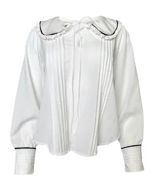 Peter Pan Collar Pleated Detail Blouse with Contrast Piping in White