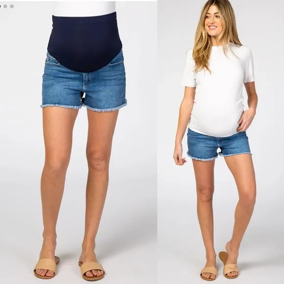 Pinkblush Medium Wash Fringe Hem Maternity Full Panel Denim Shorts
