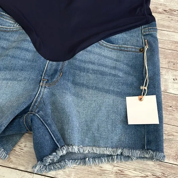 Pinkblush Medium Wash Fringe Hem Maternity Full Panel Denim Shorts