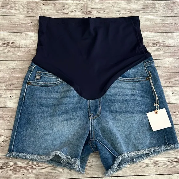Pinkblush Medium Wash Fringe Hem Maternity Full Panel Denim Shorts