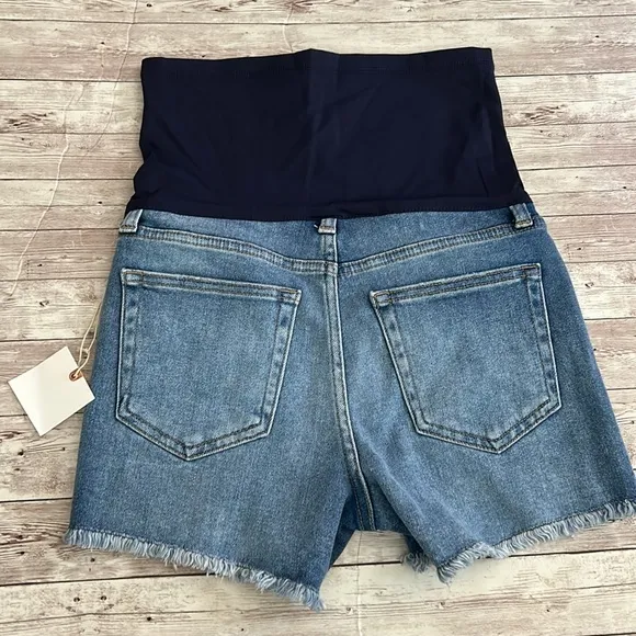 Pinkblush Medium Wash Fringe Hem Maternity Full Panel Denim Shorts