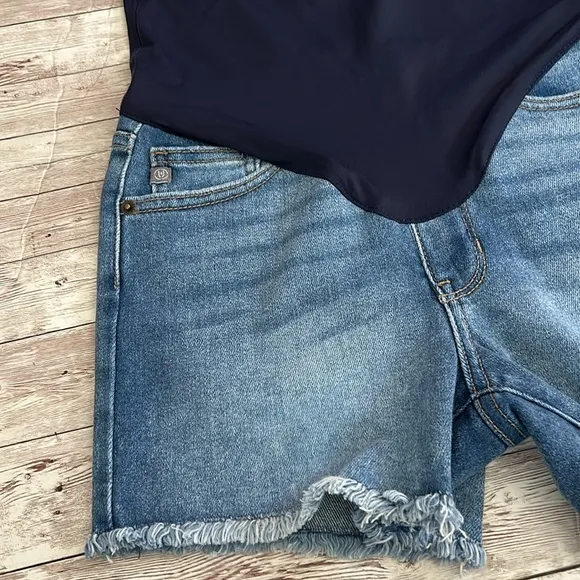 Pinkblush Medium Wash Fringe Hem Maternity Full Panel Denim Shorts
