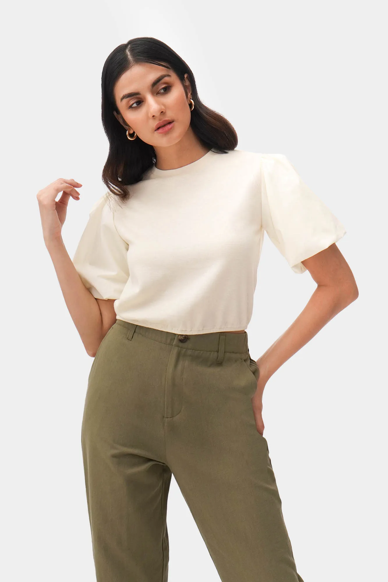 Poplin Puff Sleeve Ribbed Tee